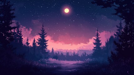 Fototapeta premium Starry Night Sky with Full Moon Over Pine Forest