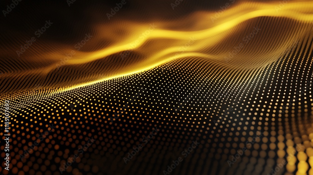 Poster Golden particles flowing and forming abstract landscape: digital data visualization