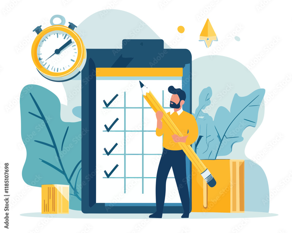 Poster business project management timeline with goal tracker and task checklist concept, manager with penc