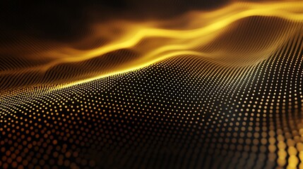 Golden particles flowing and forming abstract landscape: digital data visualization