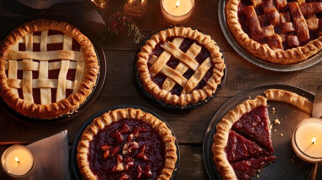 Plusieurs tartes aux fruits maison savoureuses cuisent doucement avec des bougies allum&eacute;es.