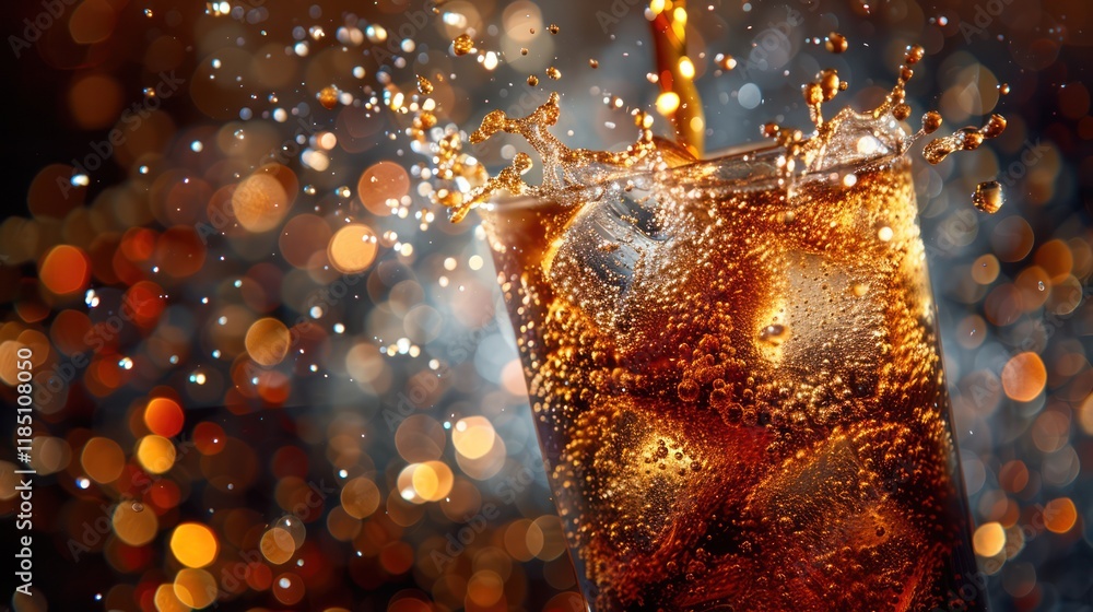 Poster close-up of cola pouring into a glass with ice, creating splashes and bubbles against a bokeh backgr