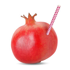 Ripe pomegranate with drinking straw on white background. Organic juice or freshly made smoothie...