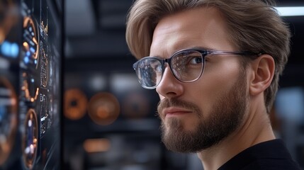 A man with glasses intently studies multiple digital screens filled with dynamic data and analytics in a contemporary office setting. The environment reflects sophistication and innovation