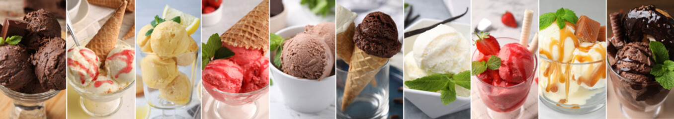 Yummy ice cream of different flavors, collage