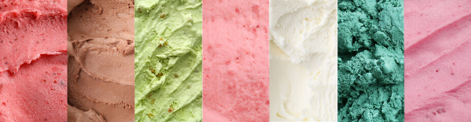 Yummy ice cream of different flavors, collage