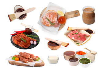Marinade sauces and different types of marinated meat on white background, collage