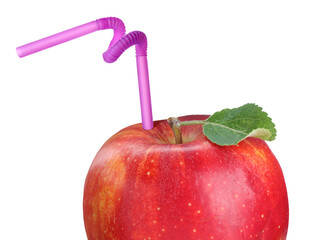 Ripe red apple with drinking straw on white background. Organic juice or freshly made smoothie...