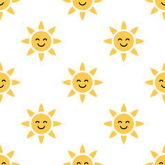Seamless pattern of cute, smiling yellow suns on a white background.