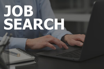 Job search. Woman using laptop at table, closeup