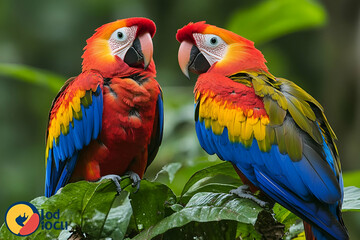 Two vibrant macaws perched on lush green foliage in a tropical rainforest setting