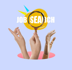 Fototapeta premium Job search. Creative collage with magnifying glass, human and wooden mannequin hands sticking out of hole on lavender color background
