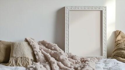 A cozy bedroom scene featuring a blank picture frame, soft textiles, and warm colors, inviting personalization and comfort.