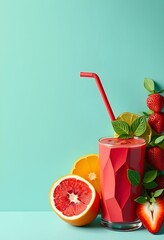 Berry and fruit smoothie in geometric paper style. It looks like an origami sculpture.