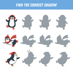 Find correct shadow of cute penguins. Educational logical game for kids. Christmas game. Cartoon funny penguin. Vector