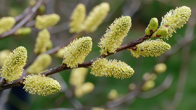 Close-up view of budding tree branches showcasing new spring growth and softness - Powered by Adobe