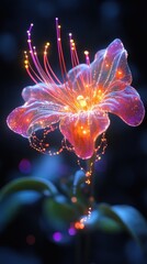 A high-resolution conceptual image blending the delicate beauty of a flower with the intricate design of fiber optics, symbolizing connections and fragility