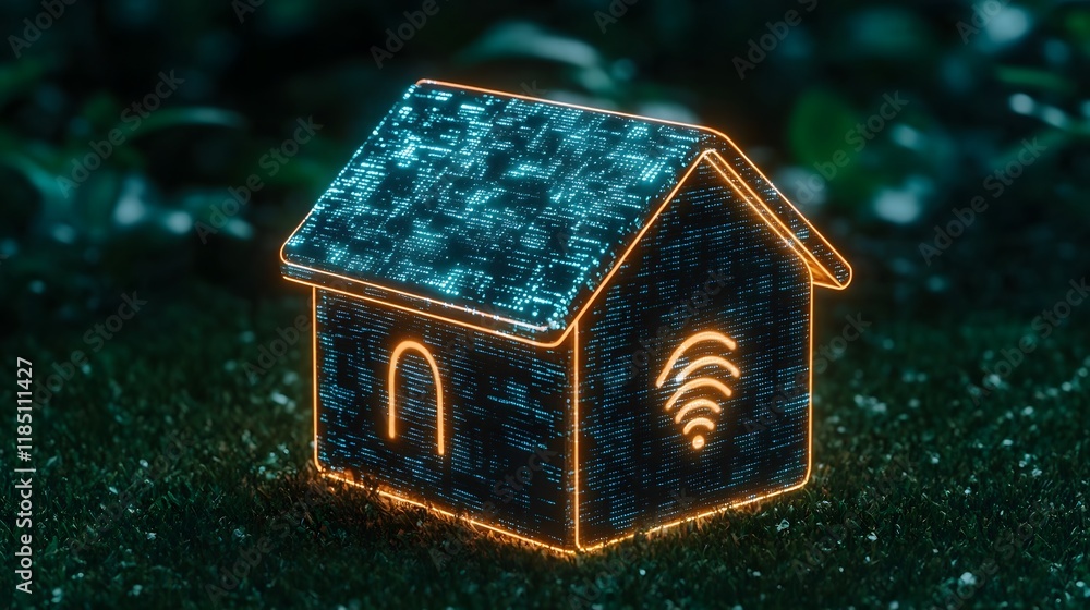 Poster digital smart home concept with neon light representation of wi-fi signal and network connectivity s