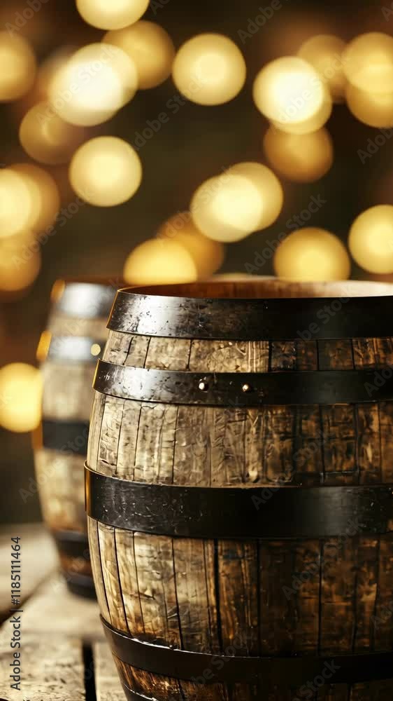 Aufkleber rustic wooden barrels with a warm, blurred background creating a cozy atmosphere in a dimly lit spac