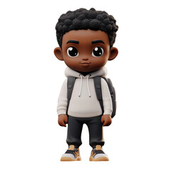 3D plastic rendered cartoon African American pupil boy wearing a white hoodie and black pants is standing with a school backpack. Back to school theme.
