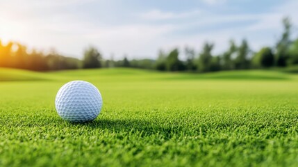 Fototapeta premium Close-Up View of a Single Golf Ball on Lush Green Grass with Soft Morning Light and Scenic Background