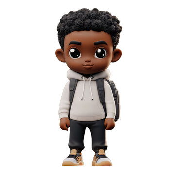 3D plastic rendered cartoon African American pupil boy wearing a white hoodie and black pants is standing with a school backpack. Back to school theme.