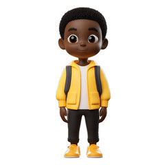 3D plastic rendered cartoon African American pupil boy wearing a yellow jacket, black pants and school backpack is standing. Serious face expression. Back to school theme.