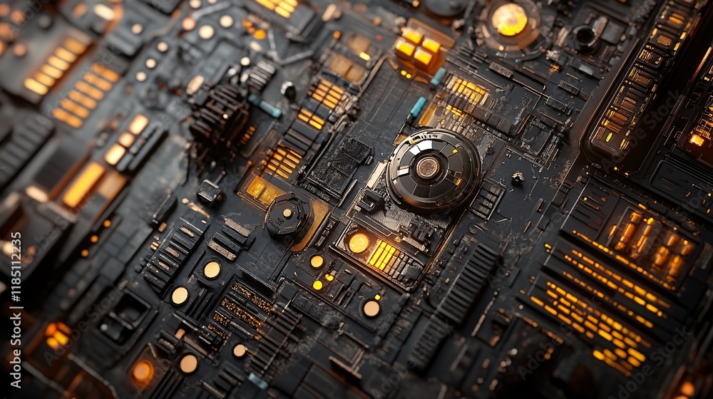 Poster futuristic circuit board pulsating with golden energy: a technological marvel