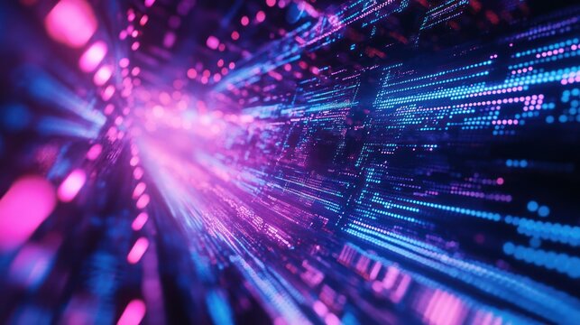 abstract futuristic background with pink blue glowing neon moving high speed wave lines and bokeh lights.