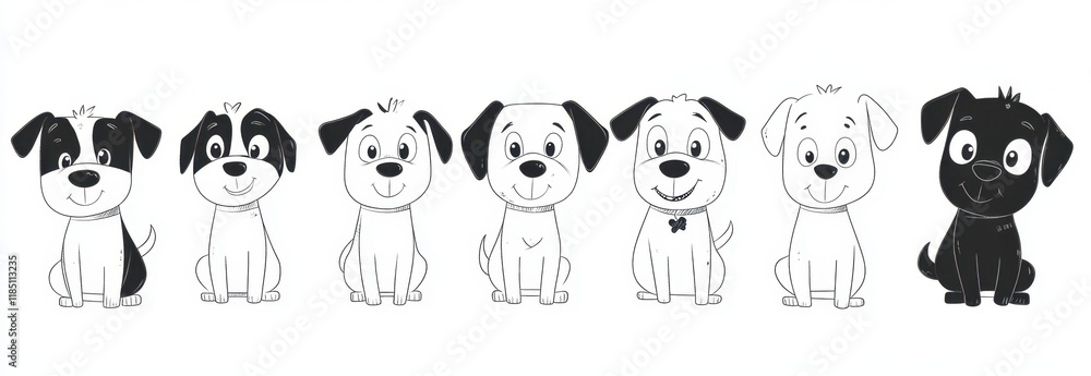 Poster a series of cute cartoon dogs with different expressions and poses, arranged in rows on an isolated 