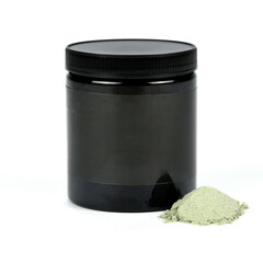Blank label design and a black supplement powder jar or container for branding presentation.