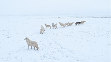 Naklejka premium Aerial view of Arctic wolves in snow moving in formation with shadows on tundra under a pale sky