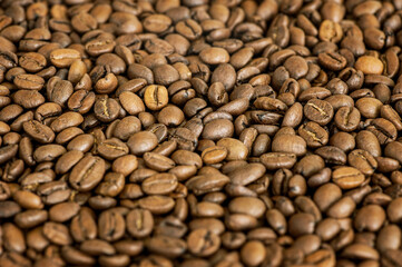 Fototapeta premium Close-up of roasted coffee beans forming a textured background. Perfect for concepts related to coffee production