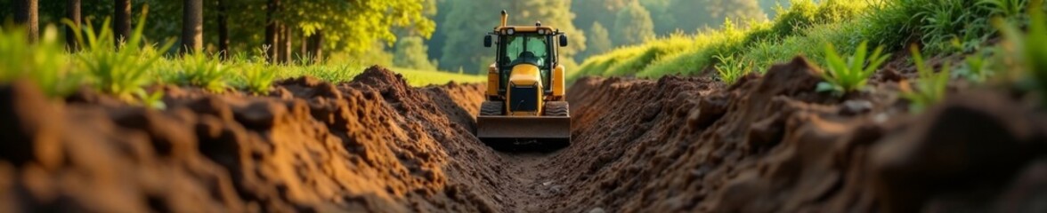 A small backhoe operates from a low angle, revealing the trench being dug for drainage, landscape, earthwork, backhoe