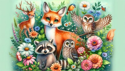 Naklejka premium Forest animals, fox, owl, raccoon, colorful flowers, wildflowers, ferns, butterflies, detailed illustration, vibrant colors, whimsical, nature scene, woodland creatures, floral arrangement, springtime