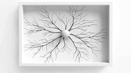A minimalist design featuring a central sphere with branching lines, resembling neural pathways or tree roots, set against a white background.