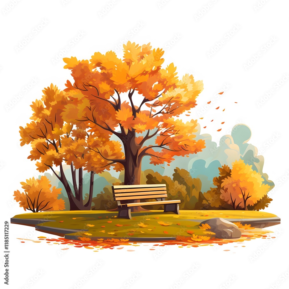 Poster a bench is in front of a tree with leaves