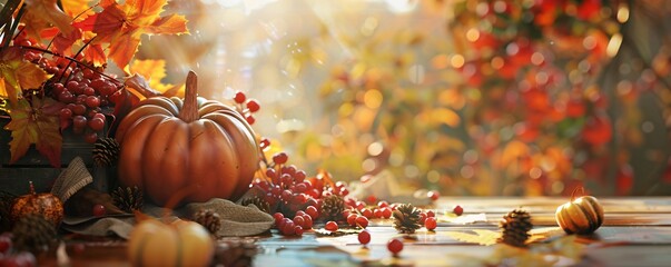 A pumpkin is on a table with other fall fruits and vegetables