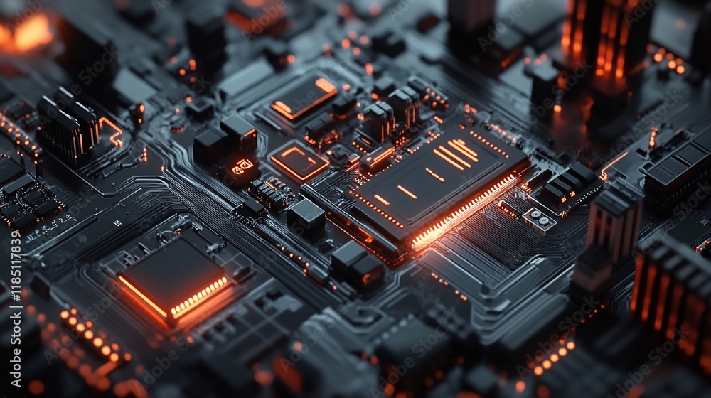 Poster Futuristic circuit board pulsating with orange light and data flow