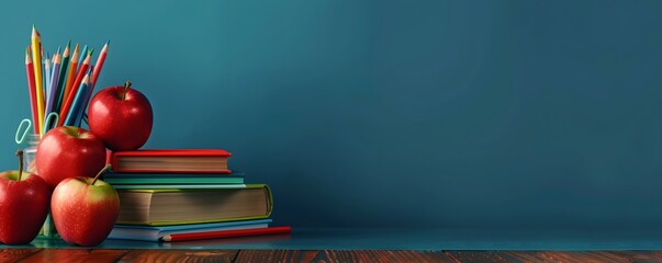 A blue background with a stack of books and a few apples