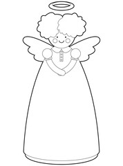 Set of Christmas tree toppers. Coloring. Black line. Vector illustration. Christmas decorations isolated on white. Cute angel.