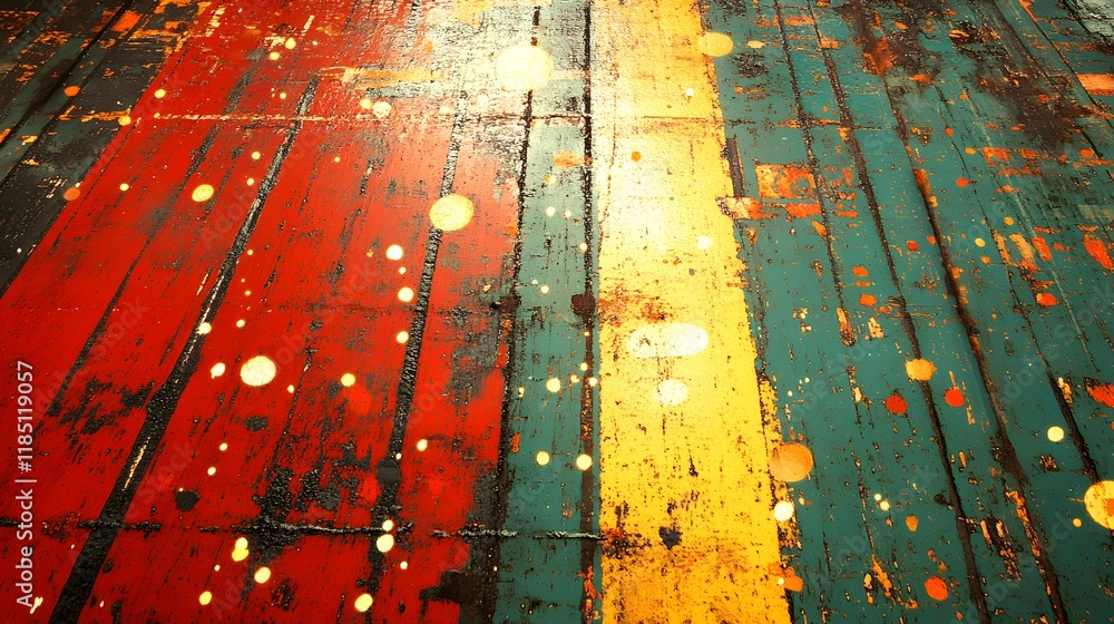 Poster vibrant and distressed wooden plank surface with splattered paint in bold colors creating a unique a