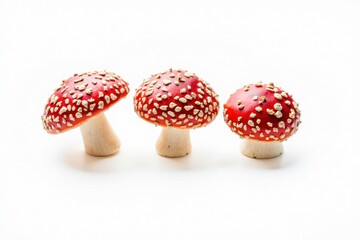 Obraz premium A group of three red toadstools with white spots, carefully arranged and isolated on a white background. Each mushroom is unique, showing different angles and sizes with clear details