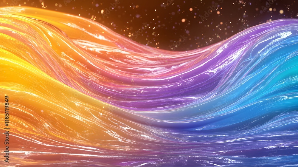 Poster vibrant flowing waves of colorful liquid dynamics with sparkling effects for artistic backgrounds an