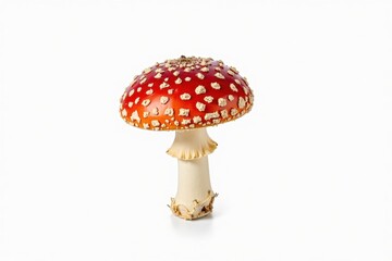 A single red toadstool with white spots, perfectly clean and sharp, isolated on a pure white background. The mushroom is detailed and vibrant, with a smooth stem and clear texture