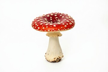 A single red toadstool with white spots, perfectly clean and sharp, isolated on a pure white background. The mushroom is detailed and vibrant, with a smooth stem and clear texture