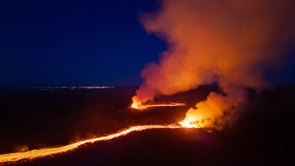 Iceland Volcano near Grindavik, Lava field at sunset aerial view