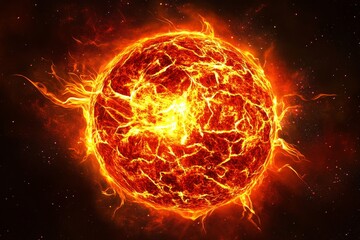 A Majestic and Fiery Celestial Star Displaying Intense Activity and Radiant Energy Amidst a Dark Cosmic Background Filled with Stars and Galaxies