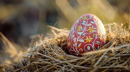 Obraz premium Hand-painted Easter egg nestled in a bed of hay with floral design
