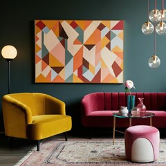 Mid-century modern interior, abstract geometric artwork, yellow velvet sofa, pink ottomans, hanging glass pendant lights, green potted plant, red armchair, wood side table, olive green walls, retro co